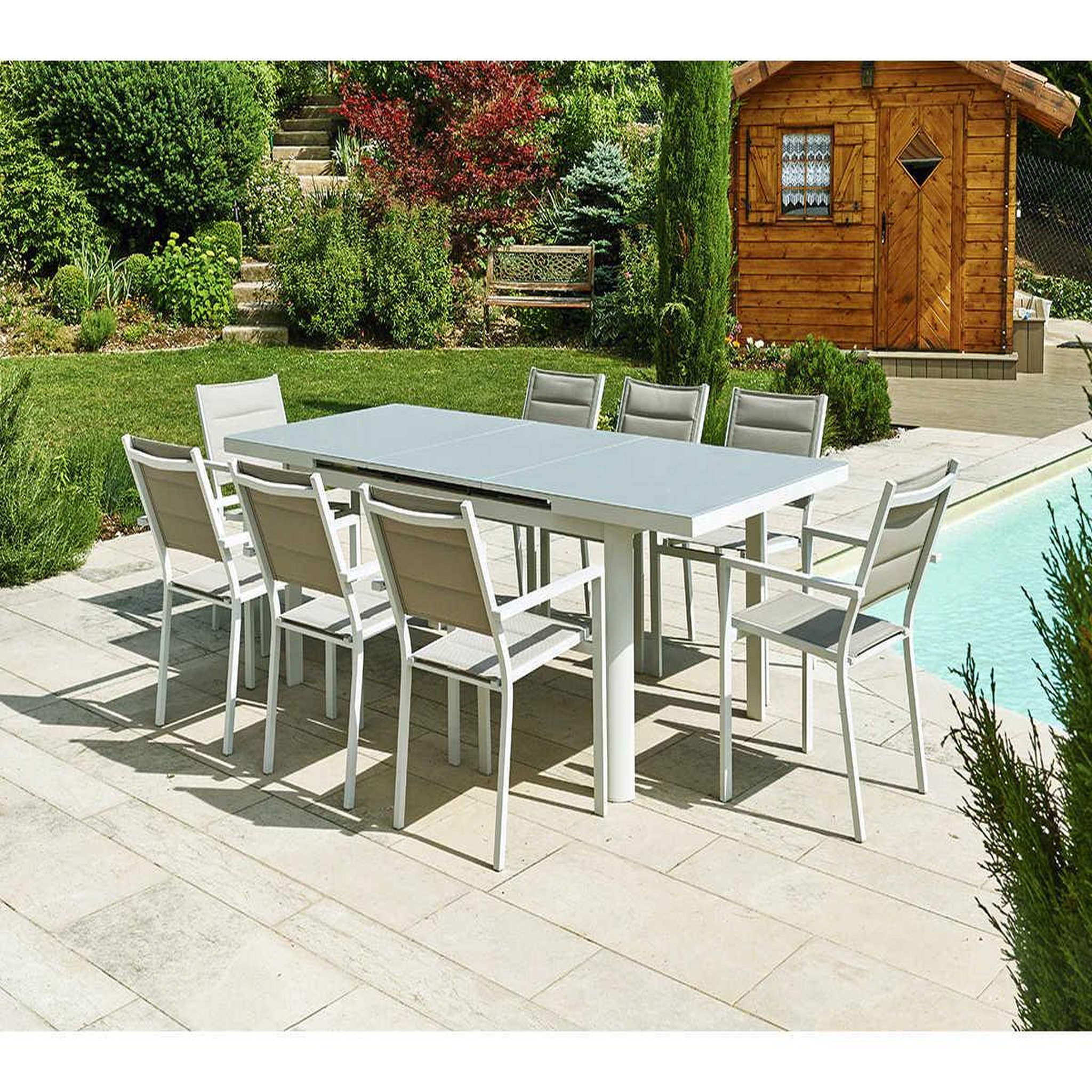 Jardiline Table de jardin rectangulaire extensible en aluminium ibiza perle 8/10 places - jardiline