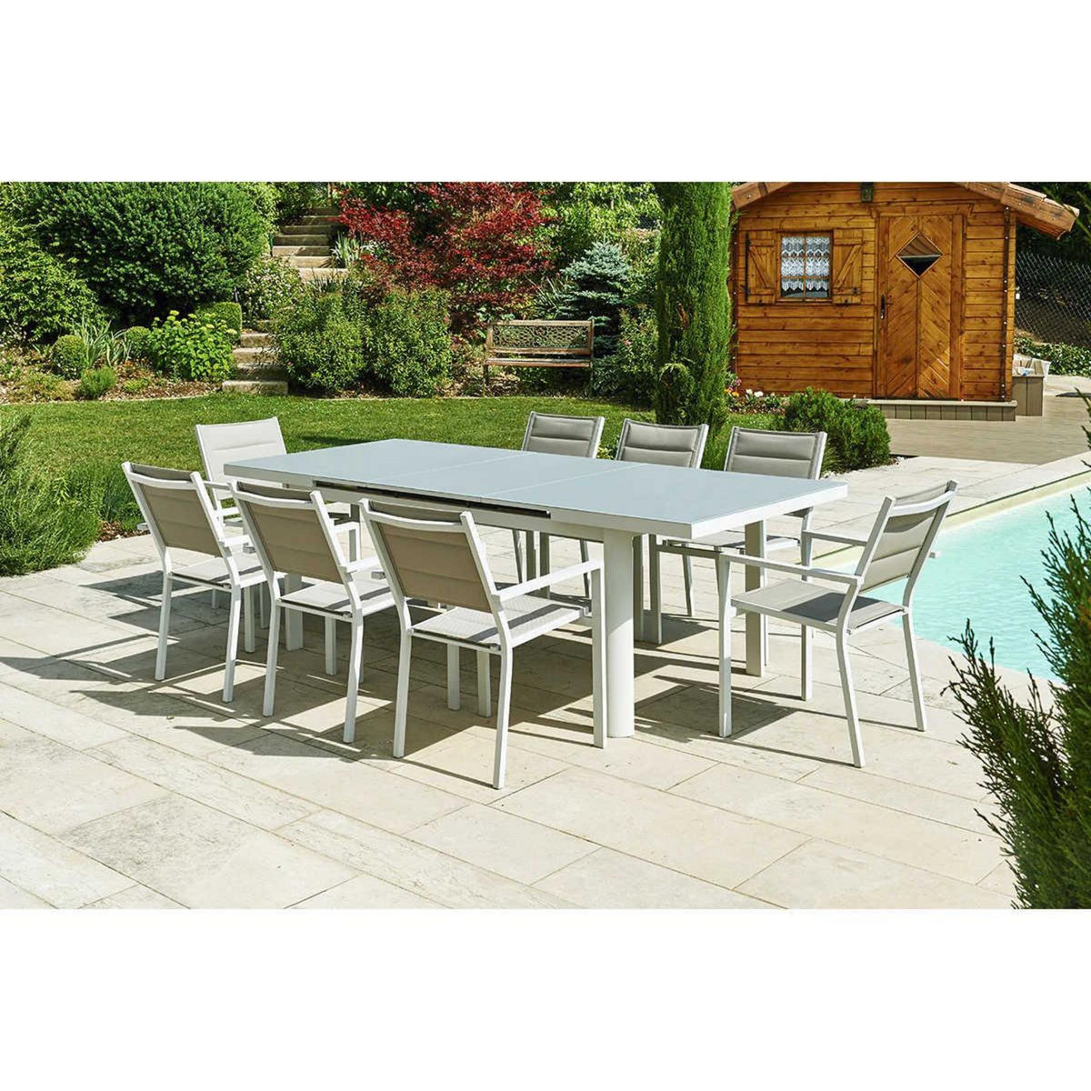 Jardiline Table de jardin rectangulaire en aluminium gris perle Ibiza Perle - 8/10 places - Jardiline