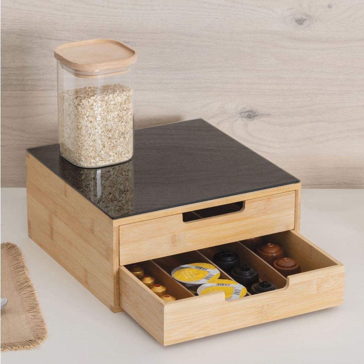 FIVE Porte-capsules 2 tiroirs avec séparations modulables - Beige et noir