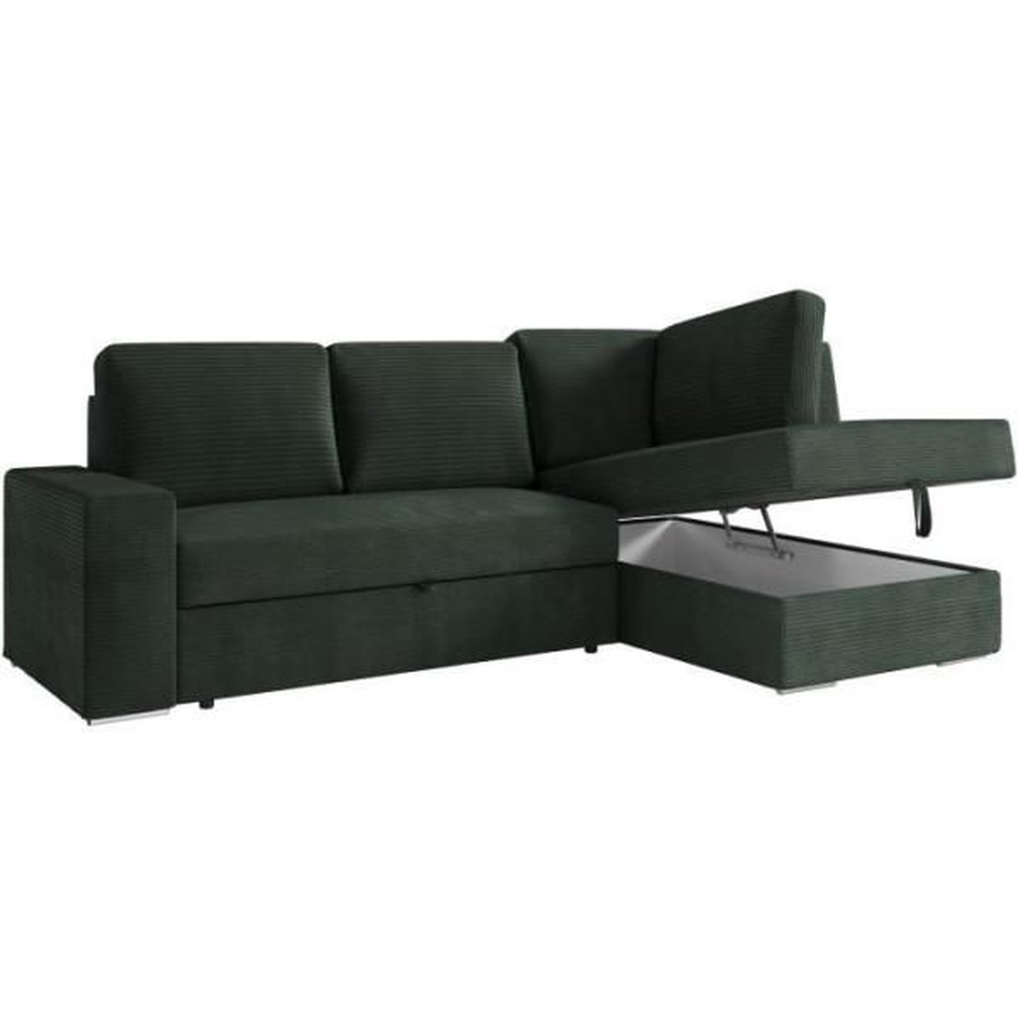 Voir la diapositive 4 : LOUNGITUDE Canapé d'angle droit 3 places convertible ADEN avec coffre en velours côtelé - Vert foncé - L246 x P174 x H96cm - LOUNGITUDE