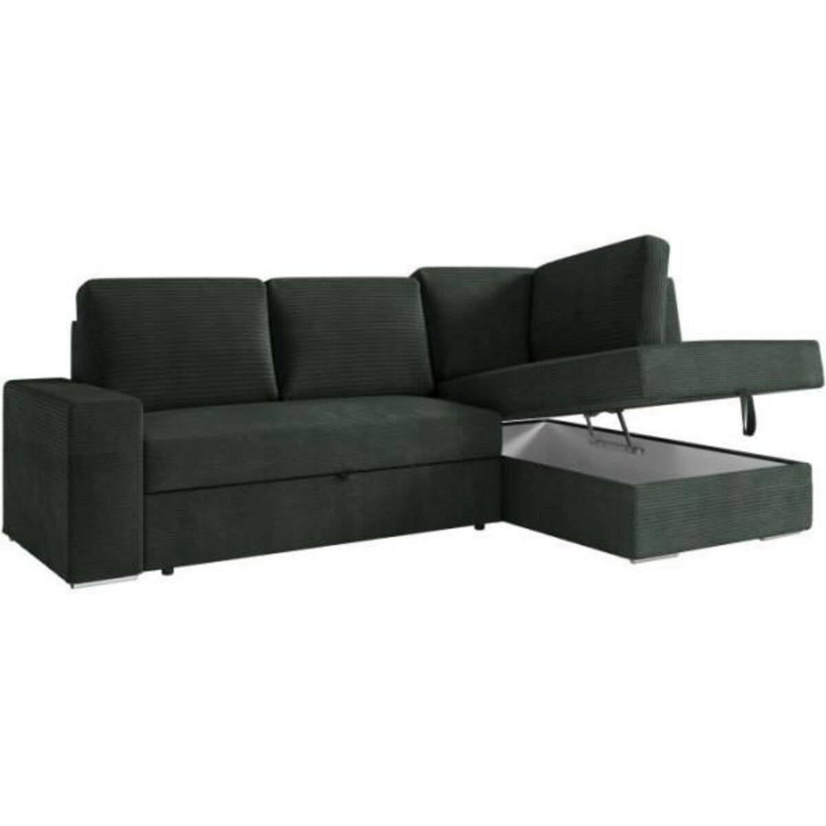 LOUNGITUDE Canapé d'angle droit 3 places convertible ADEN avec coffre en velours côtelé - Vert foncé - L246 x P174 x H96cm - LOUNGITUDE
