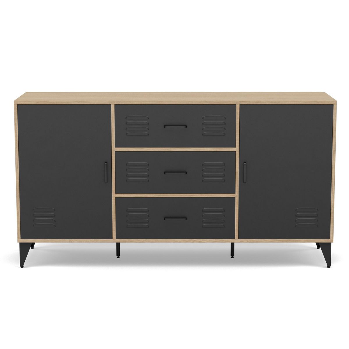 BEST MOBILIER Tribeca - buffet bas - effet bois et métal noir - 3 tiroirs et 2 portes - 140 cm