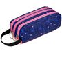 Voir la diapositive 2 : AUCHAN Trousse 3 compartiments rectangle bleue et rose motifs fleurs