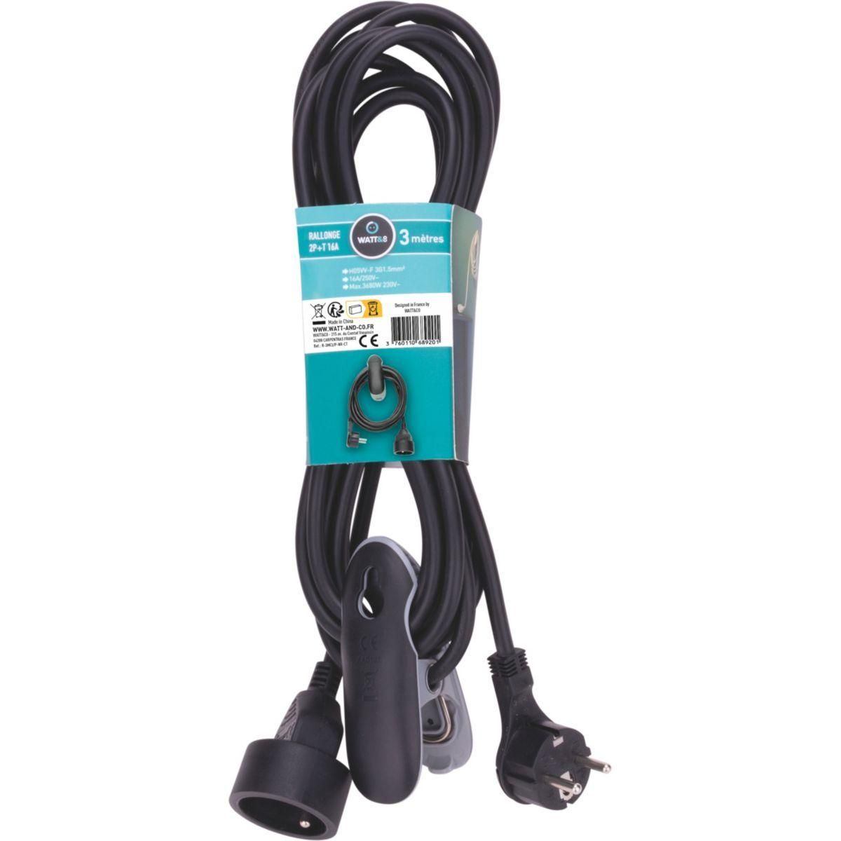 WATT AND CO Rallonge design clip 3m noir