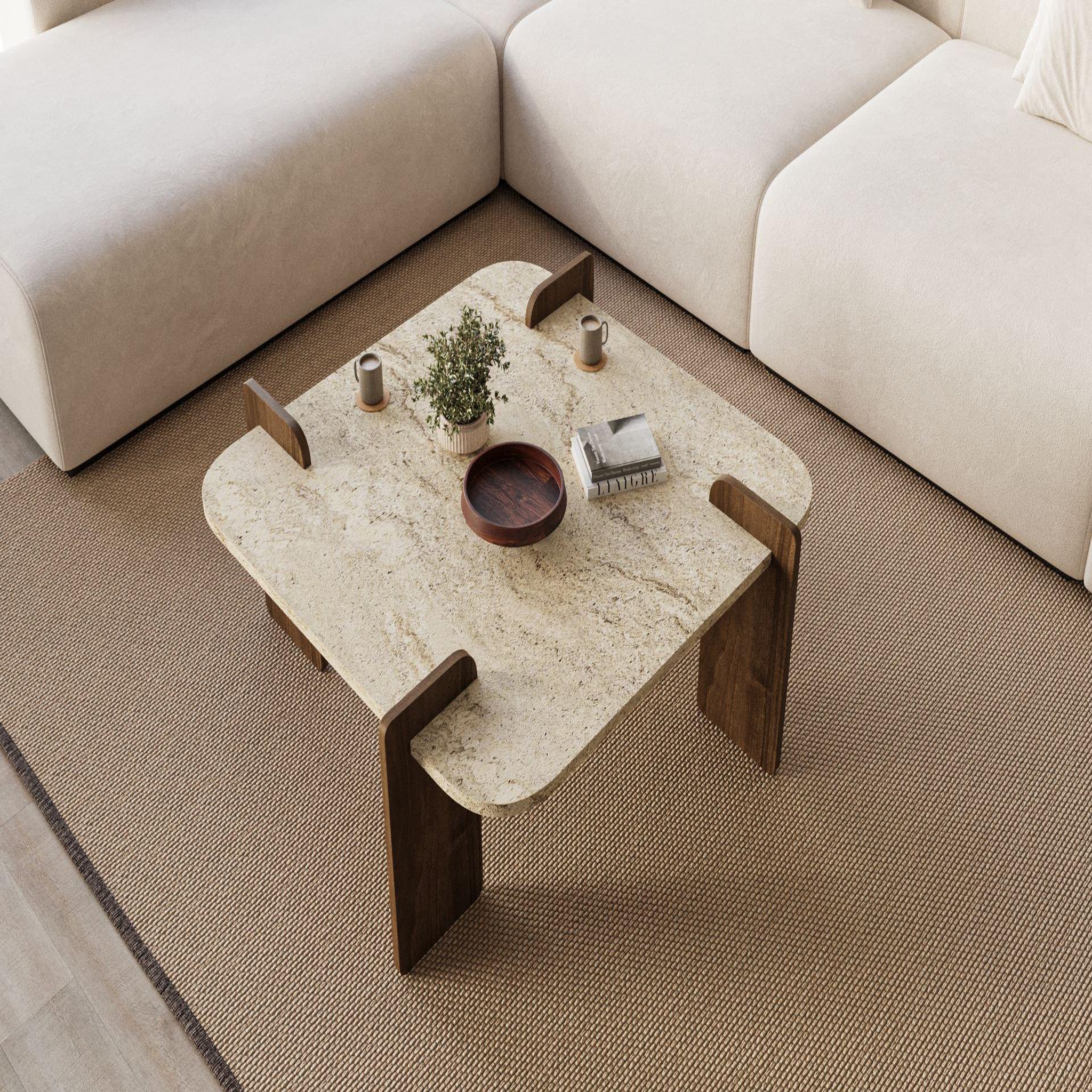 Voir la diapositive 4 : Habitat et Jardin Table basse en bois  afrolli  - 90 x 90 x 35 cm - travertin