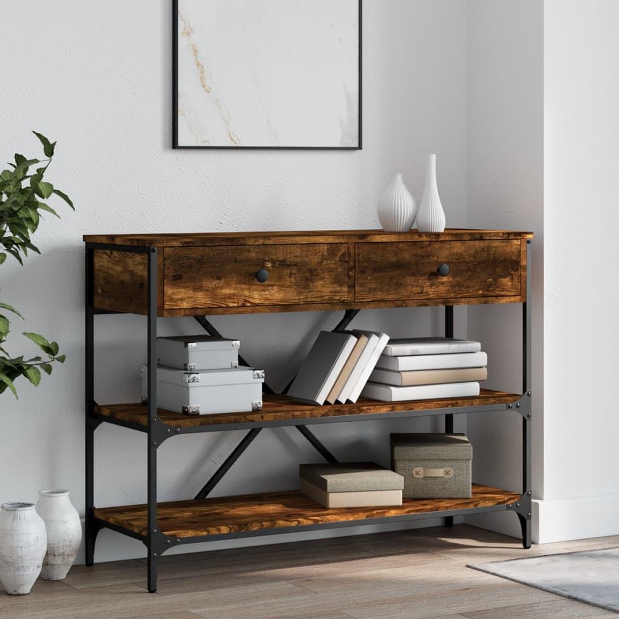 VIDAXL Table console avec tiroirs et etageres chene fume