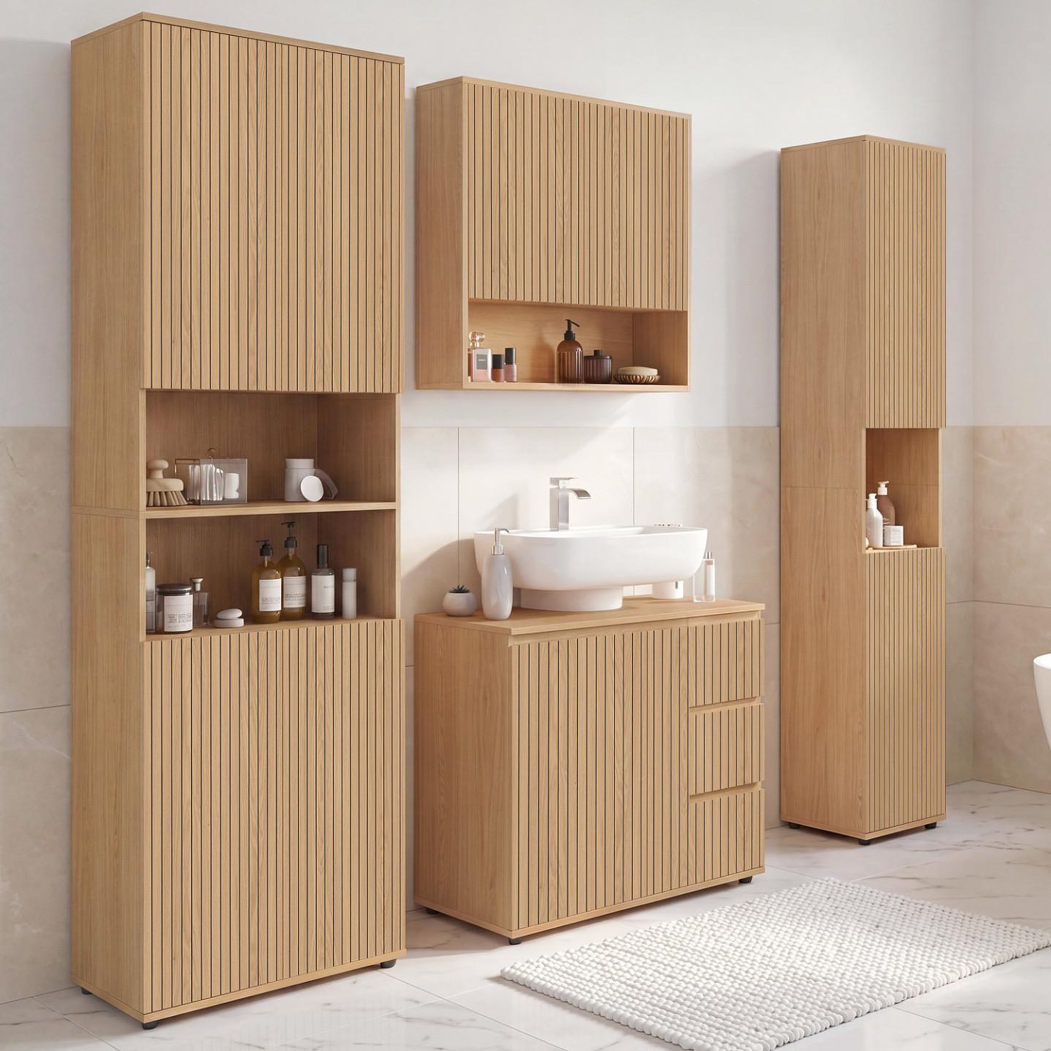 Voir la diapositive 6 : ID MARKET Meuble de rangement suspendu pour salle de bain VICTOR 2 portes et étagère effet lattes
