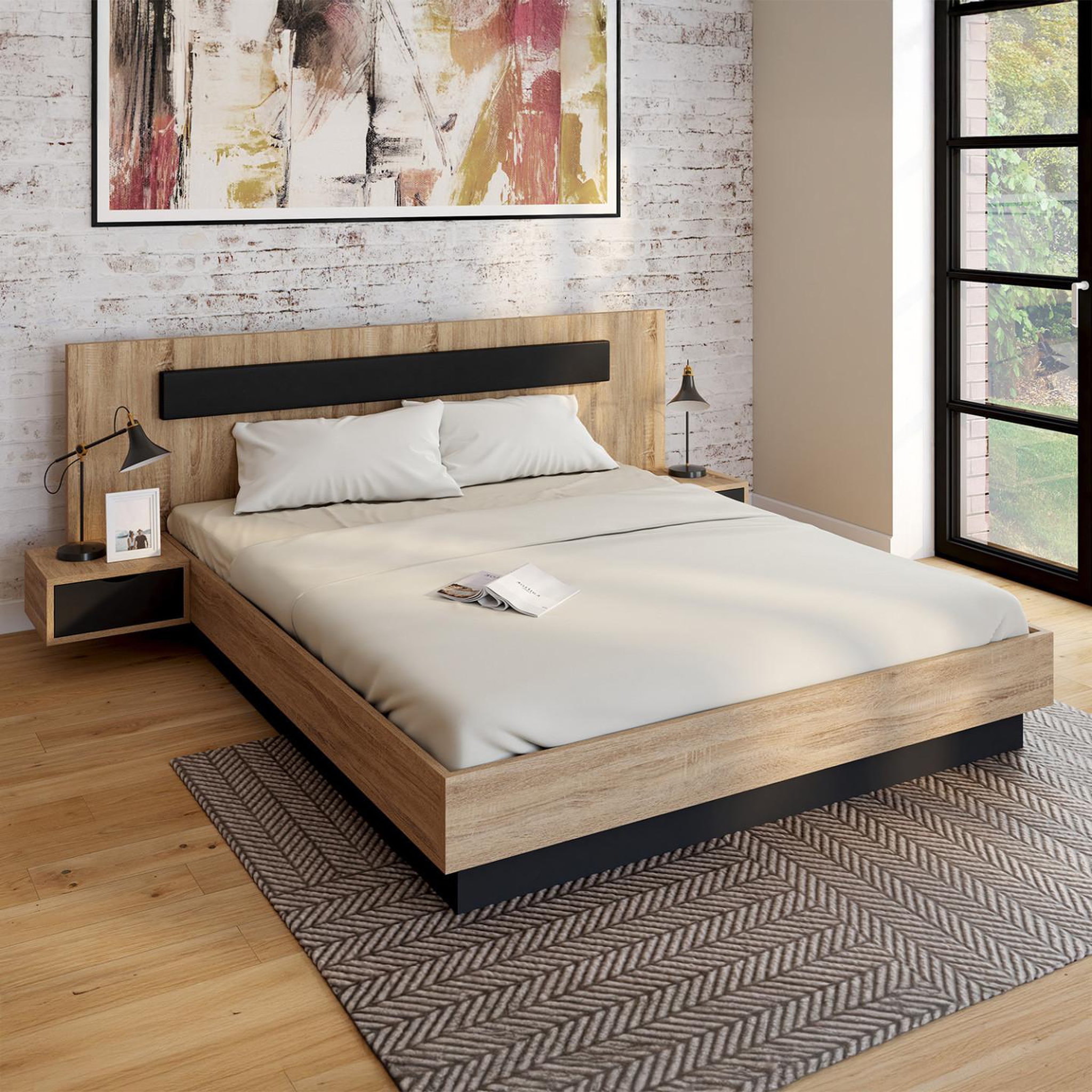 Voir la diapositive 2 : ID MARKET Lit double santa avec tête de lit + tables de chevet intégrées et sommier 160 x 200 cm bois et noir