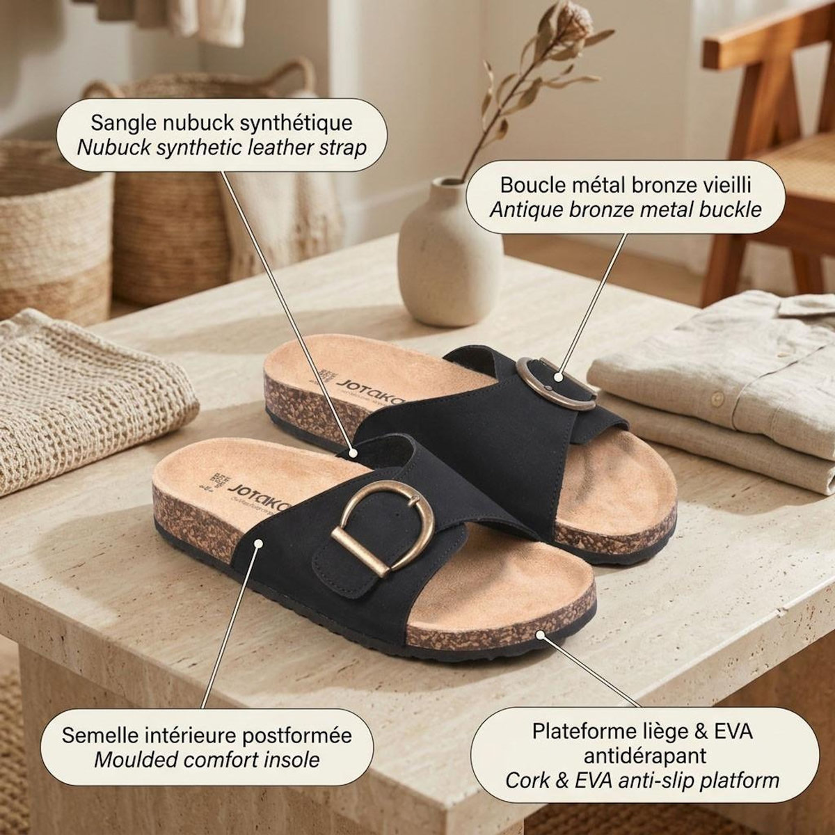 OZABI OZABI Sandales Mule Boucle Ronde Nubuck Noir Beige