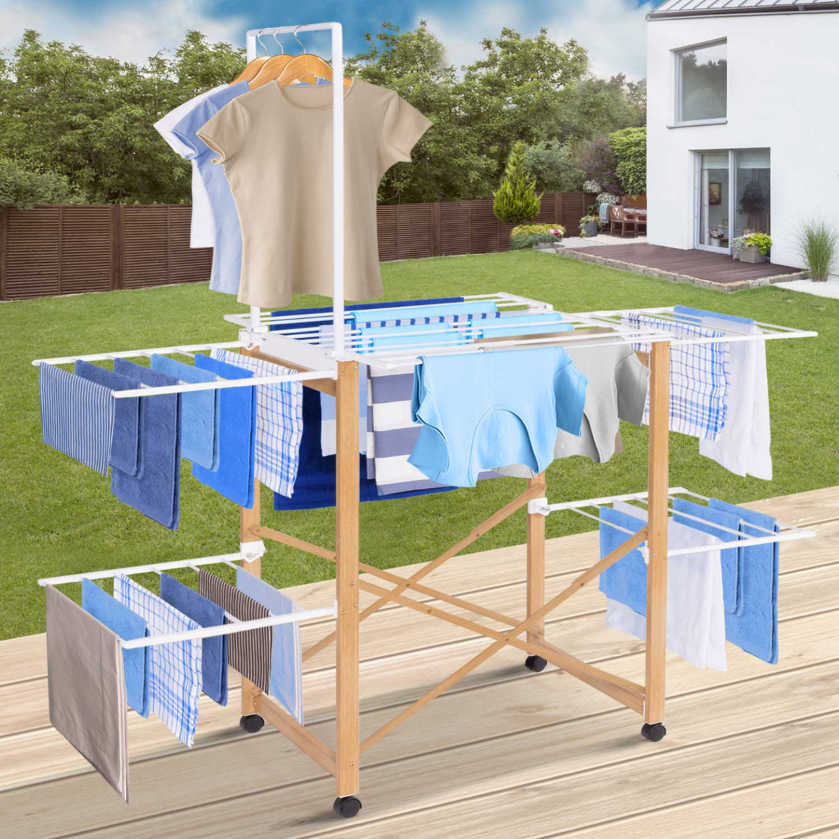 ID MARKET Séchoir à linge pliable DELUXE capacité 22M avec tringle blanc et effet bois