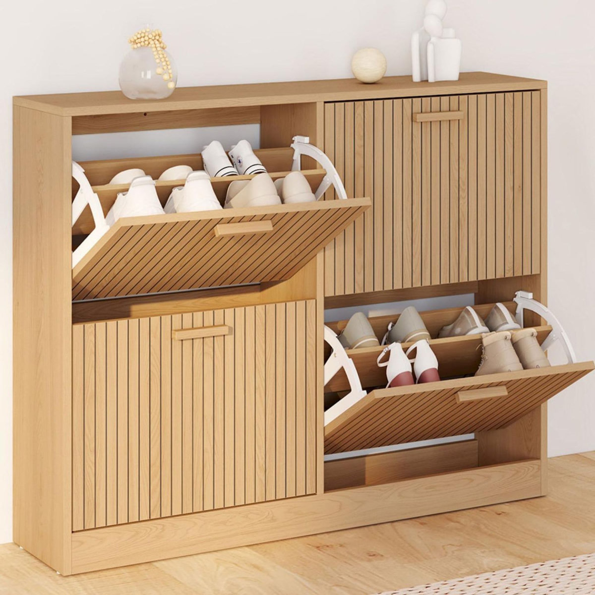 ID MARKET Meuble à chaussures 20 paires JULIETTE 4 portes lattes tasseau bois coloris chêne