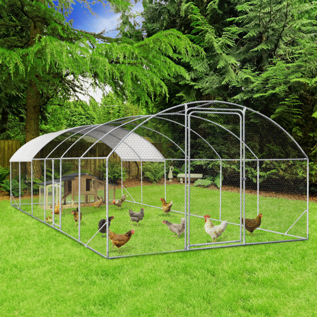 ID MARKET Enclos poulailler dôme 22,5 m² parc grillagé 3x7,5 M avec porte latérale