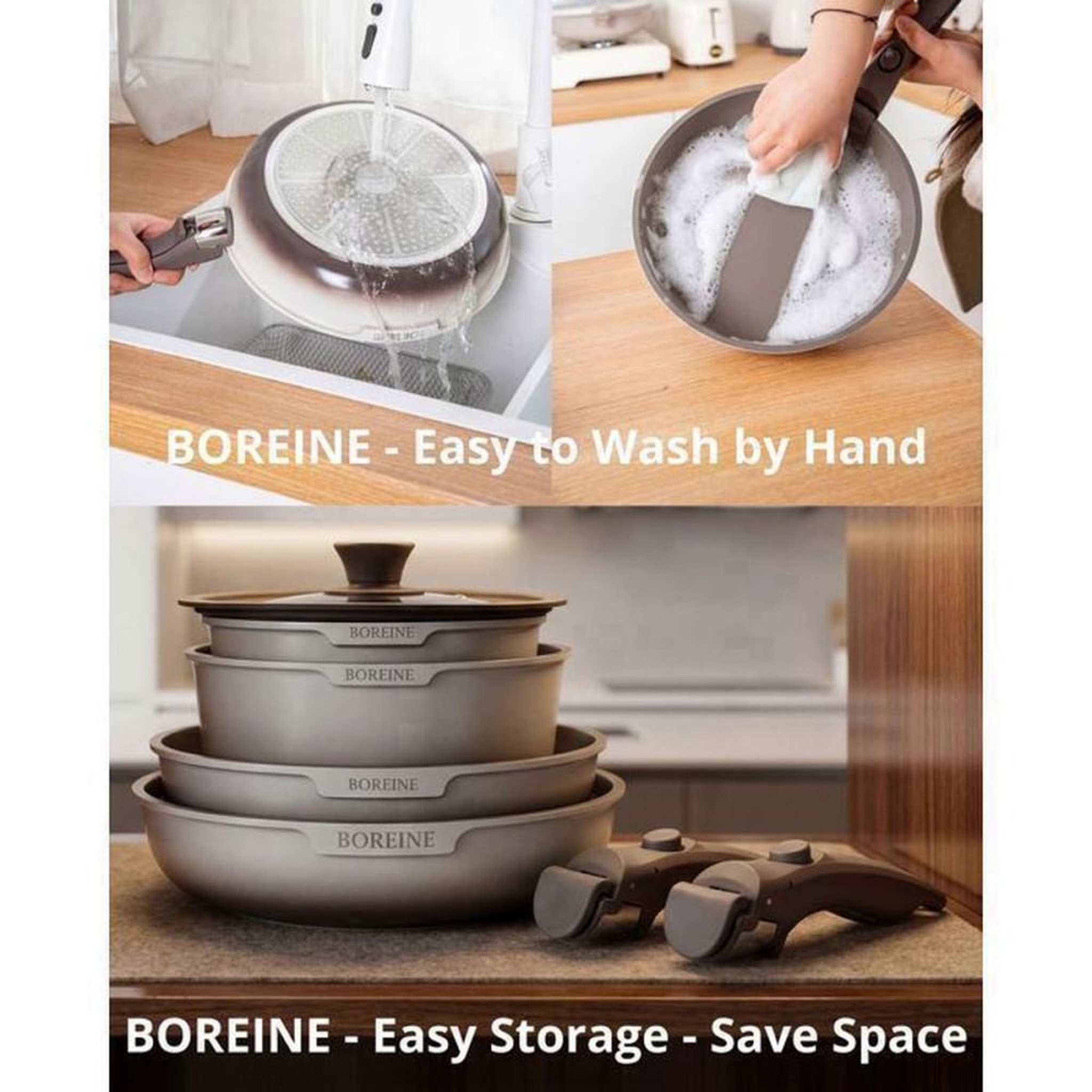 Voir la diapositive 6 : Set de casseroles et poêles antiadhésives 7 pièces avec poignées amovibles, couvercle silicone, compatible induction