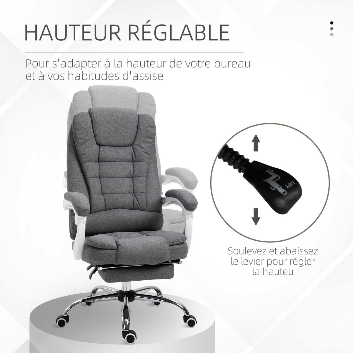 VINSETTO Fauteuil de bureau manager grand confort repose-pied dossier inclinable accoudoirs rembourrés tissu aspect lin gris