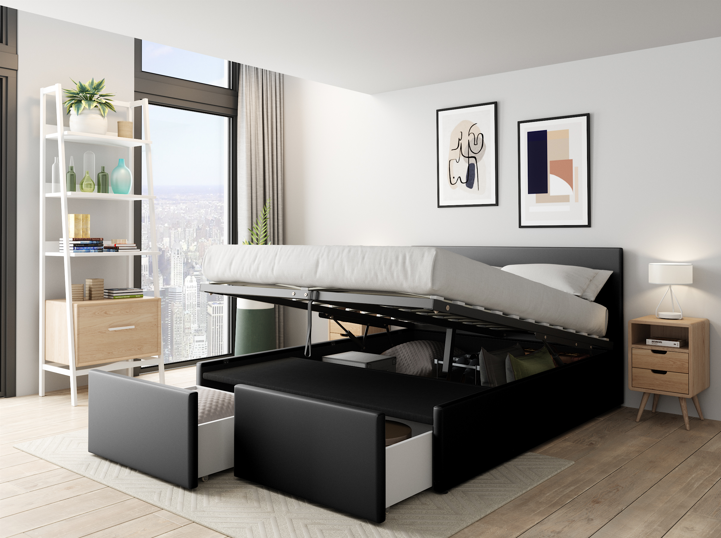 Lit Avec Tiroirs IMAGINA - 160x200 Cm, Sommier Inclus - Blanc Et Noir Simili - Structure Contreplaqué - 2 Tiroirs De Rangement