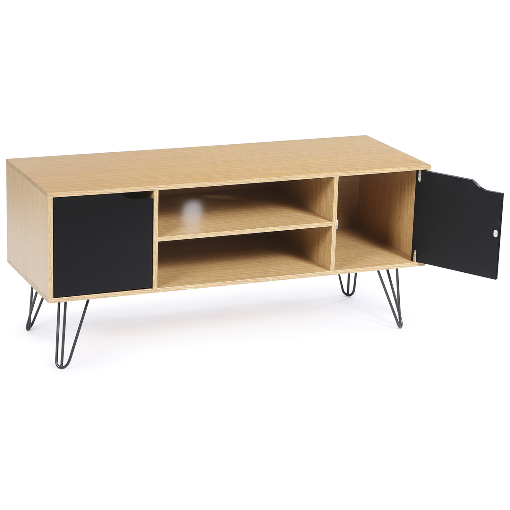 Voir la diapositive 4 : ID MARKET Meuble tv 113 cm vintage noemi pied épingle bois portes noires