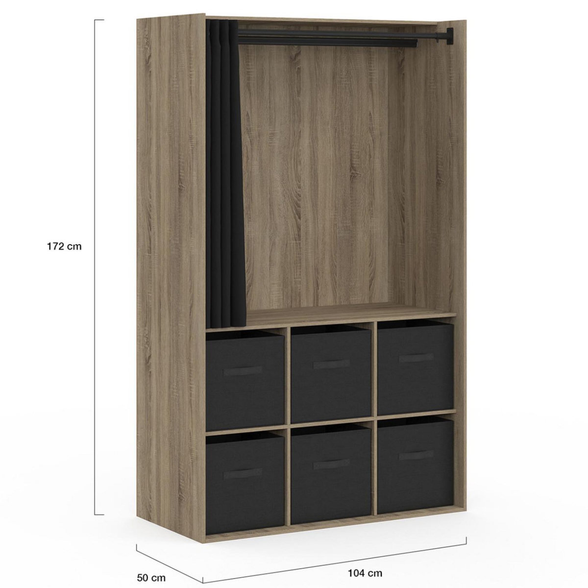 ID MARKET Dressing penderie DIANE 104 x 50 x 172 cm hêtre avec 6 boites de rangement + rideau noir