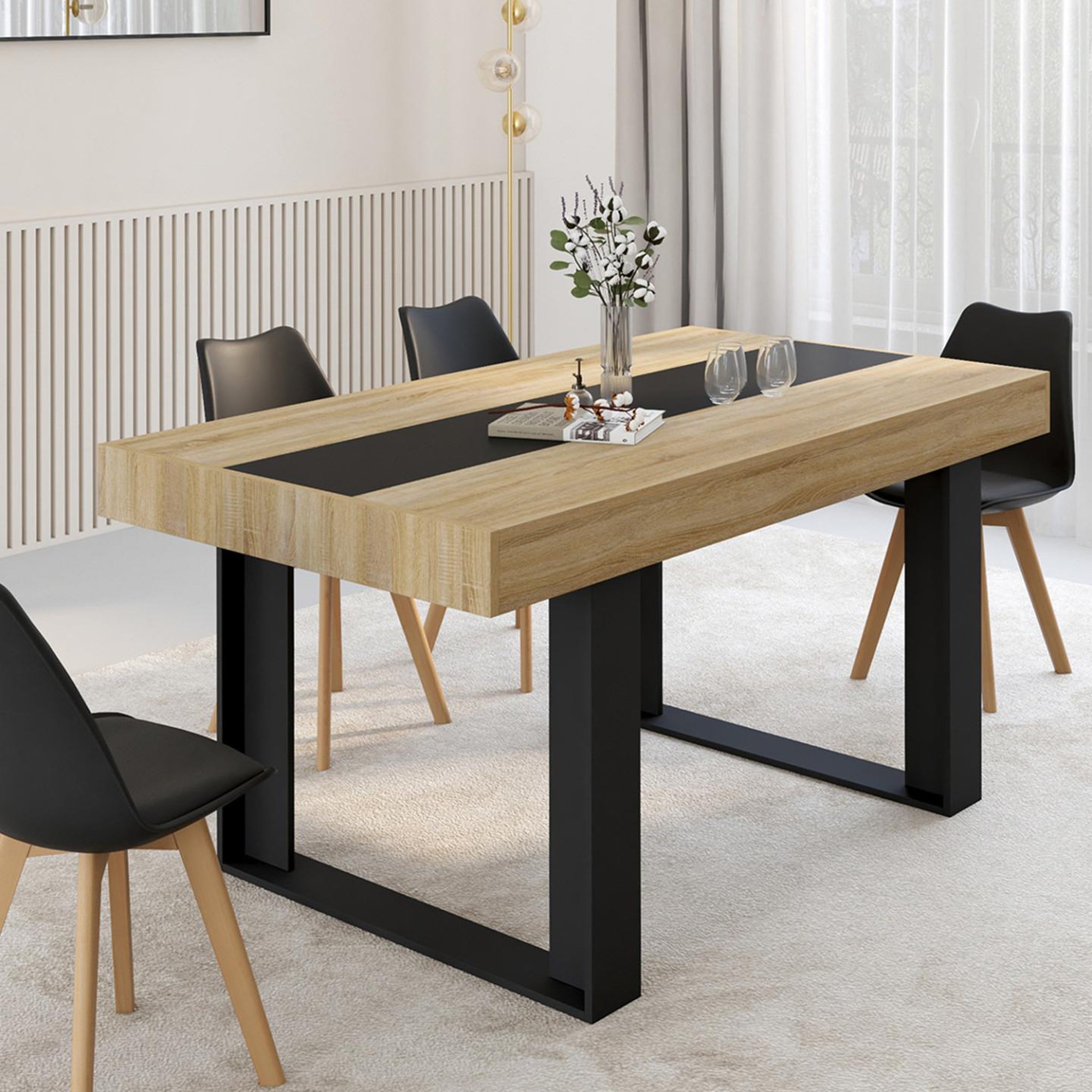 Voir la diapositive 2 : ID MARKET Table à manger rectangle phoenix 6 personnes bois et noir bande centrale noire 160 cm
