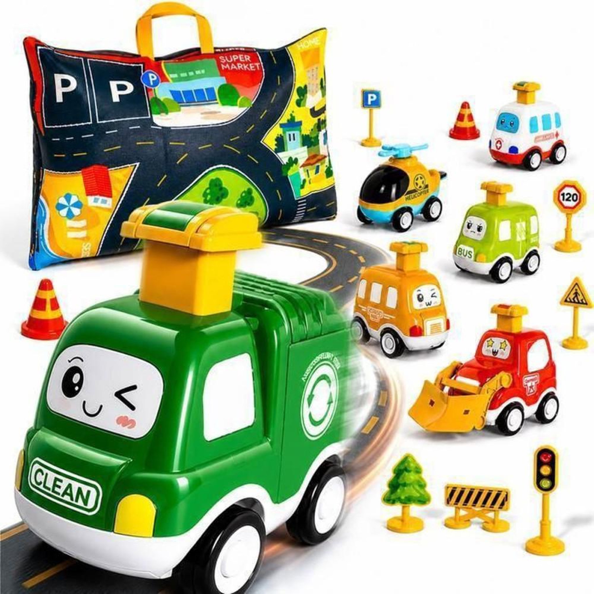 Ensemble de jeu voitures 8 pièces avec tapis de route pliable 2 en 1 et accessoires de circulation pour enfants