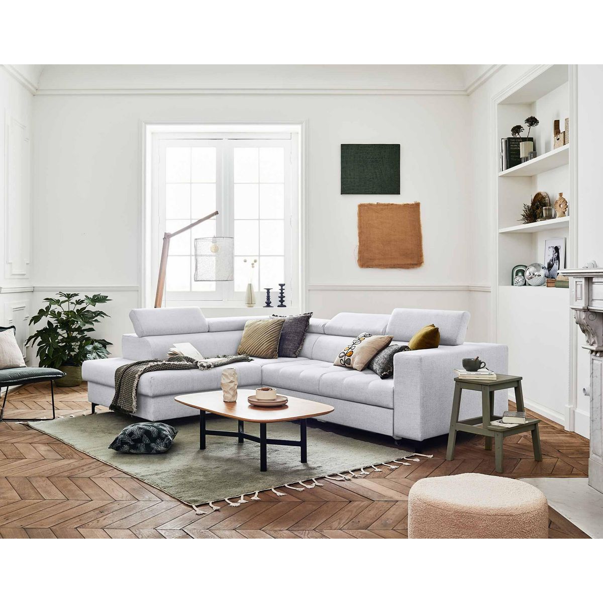 LISA DESIGN Olinda - canapé d'angle gauche - 5 places - convertible avec coffre et têtières réglables - en tissu