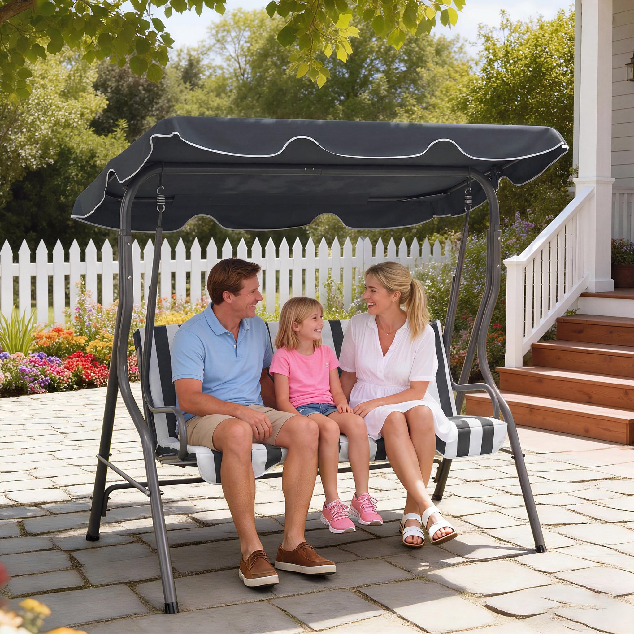 Voir la diapositive 6 : OUTSUNNY Balancelle de jardin 3 places coussins assise dossier gris blanc rayé