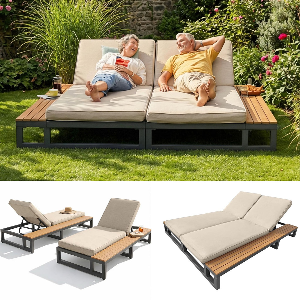 MERAX Bain de soleil 2 places en métal et bois avec dossier réglable, coussin et étagères