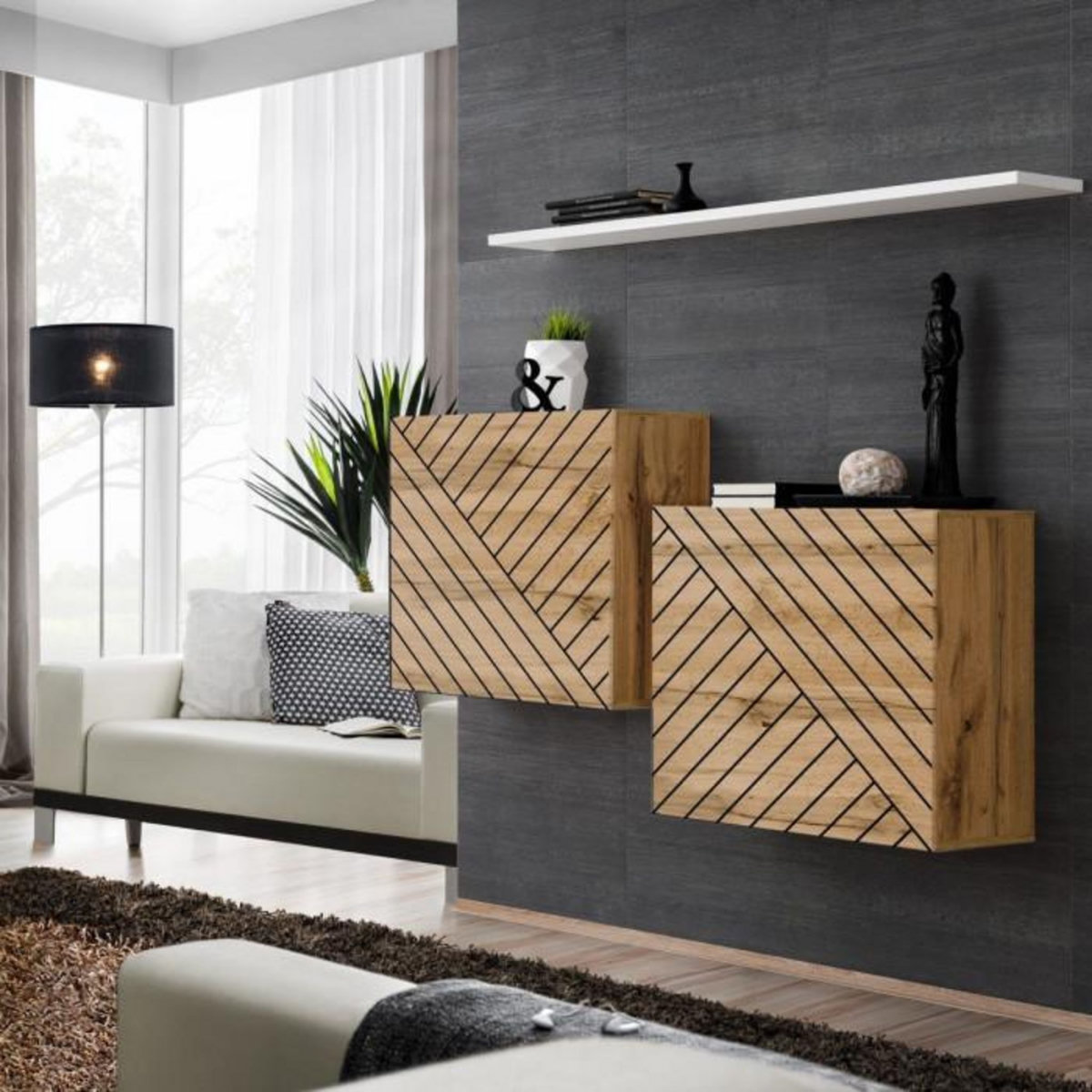 Paris Prix Lot de 2 Blocs & Étagère  Switch SBI  130cm Naturel Rainuré & Blanc