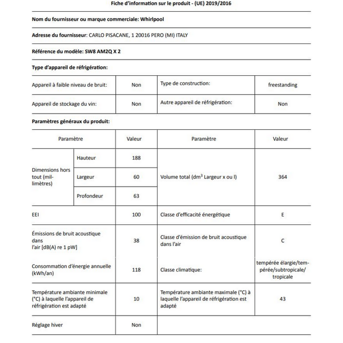 Whirlpool Réfrigérateur 1 porte 60cm 364l - sw8am2qx2