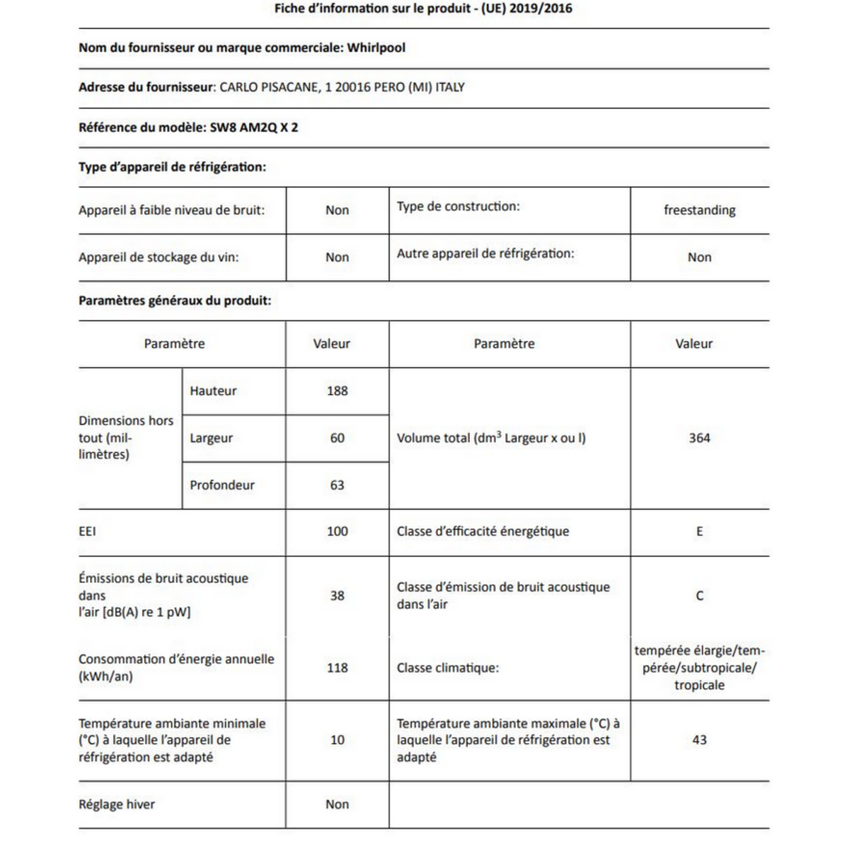 Whirlpool Réfrigérateur 1 porte 60cm 364l - sw8am2qx2