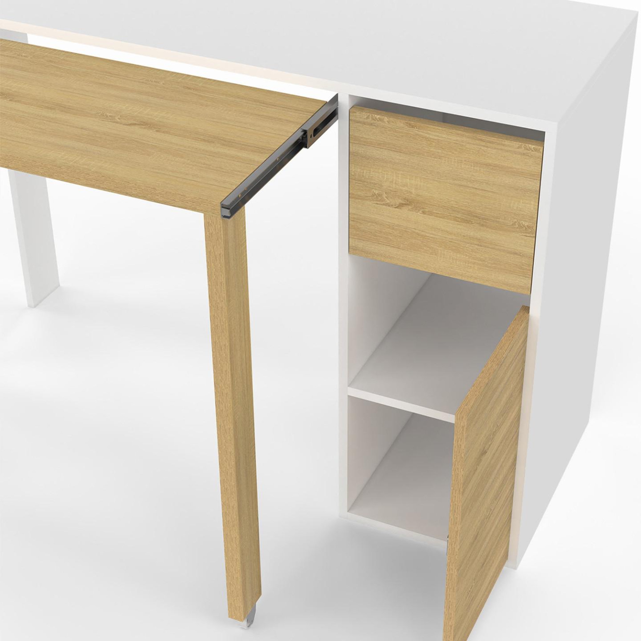 Voir la diapositive 5 : ID MARKET Bureau extensible ron avec colonne de rangement tiroir et placard blanc et bois