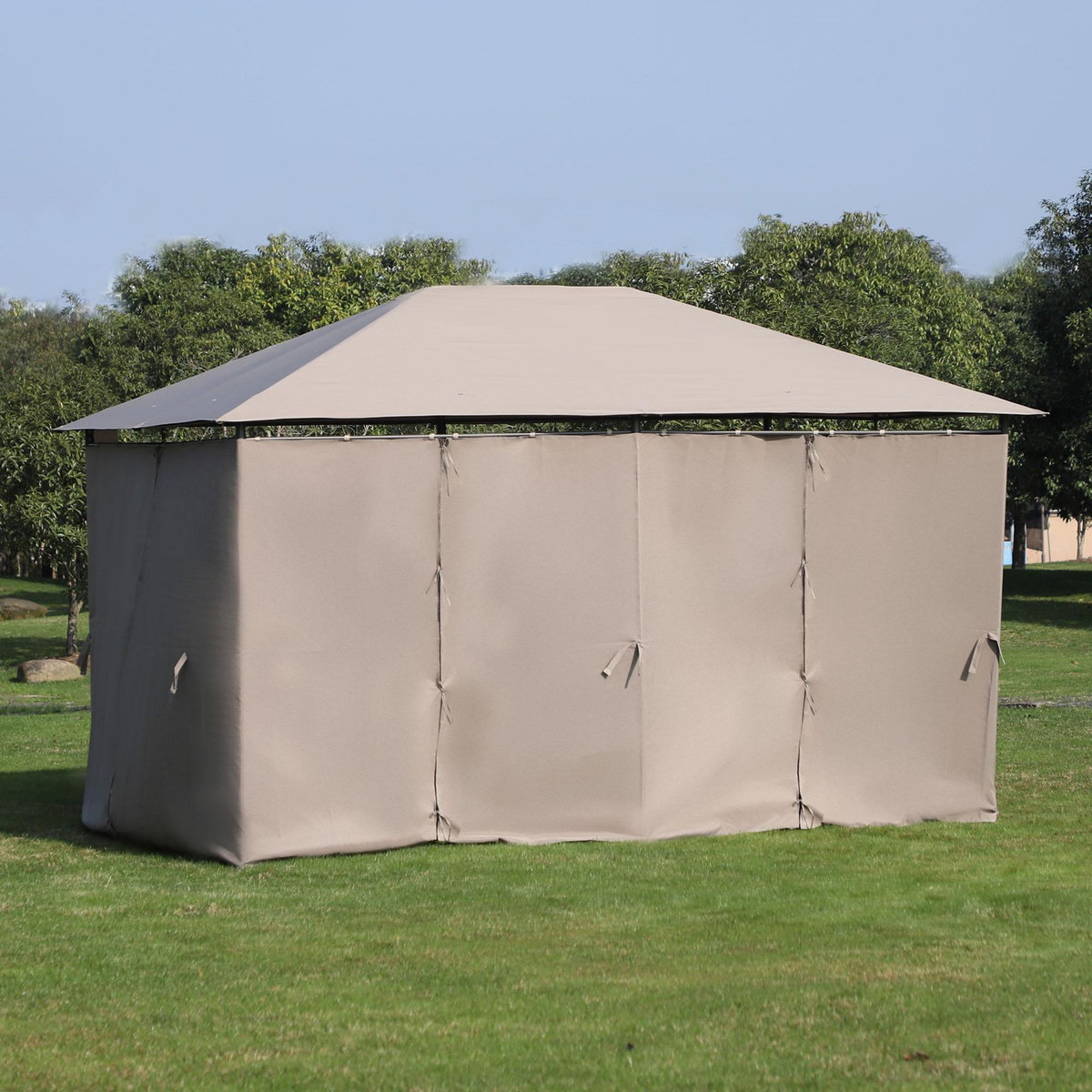 OUTSUNNY Tonnelle barnum pavillon de jardin style colonial double toit toiles latérales amovibles taupe