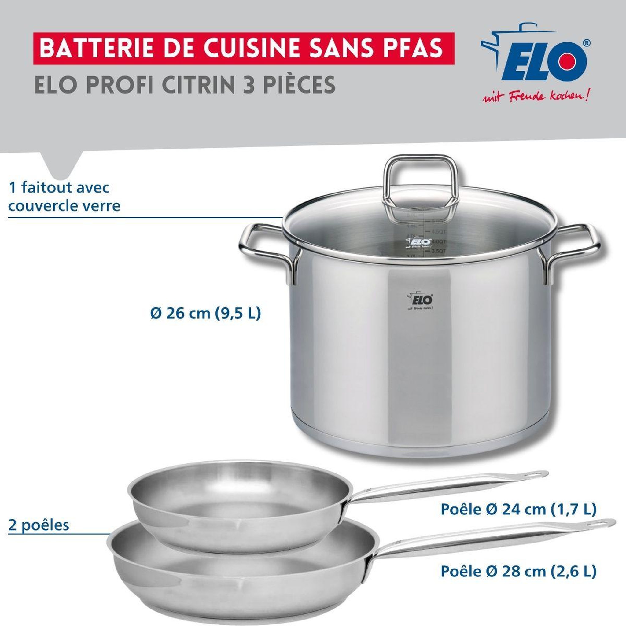 Voir la diapositive 2 : ELO Set de 2 poêles de cuisson 24 et 28 cm et 1 faitout 26 cm elo profi citrin