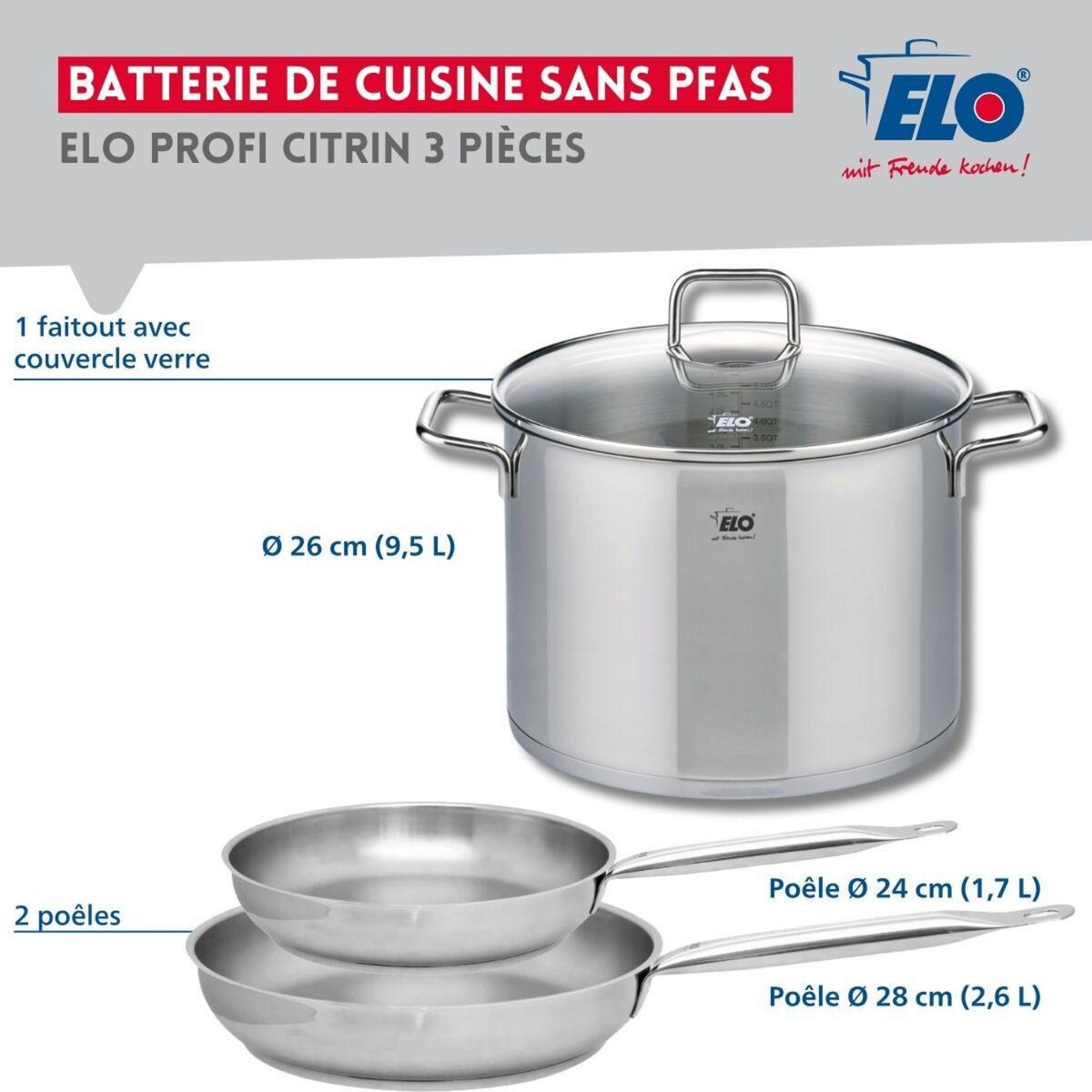 ELO Set de 2 Poêles de cuisson 24 et 28 cm et 1 faitout 26 cm Elo Profi Citrin