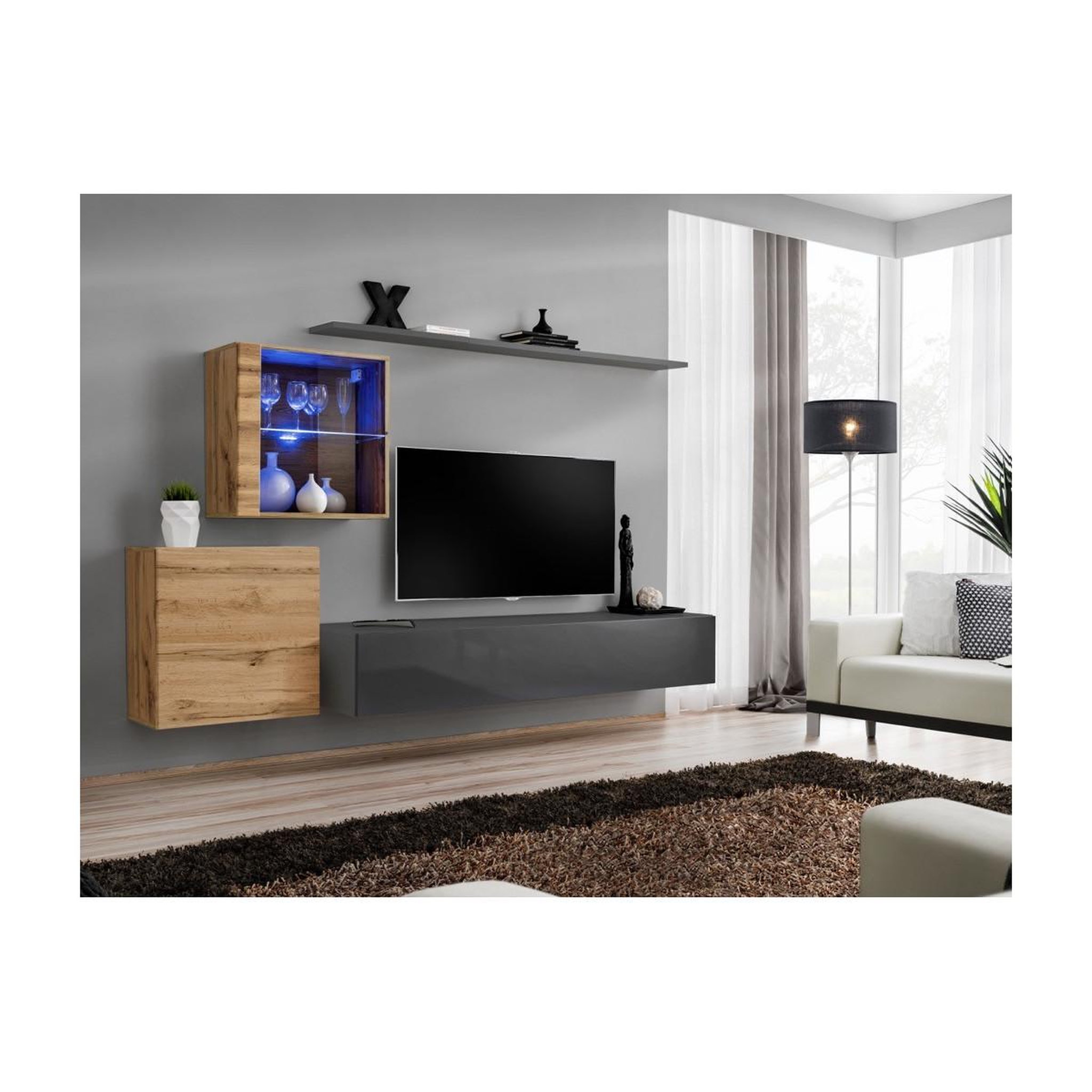 Voir la diapositive 2 : Paris Prix Meuble tv mural design  switch xv  260cm gris & naturel