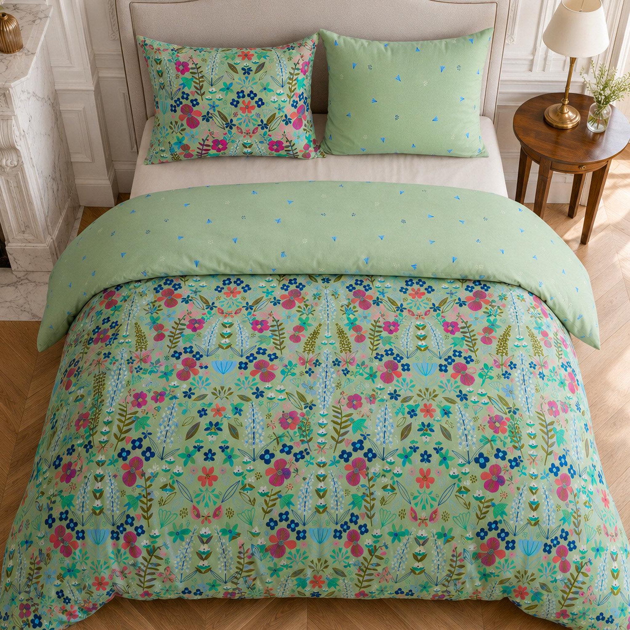Voir la diapositive 4 : Home collection Parure housse de couette imprimée 100% coton percale 80 fils - playful floral