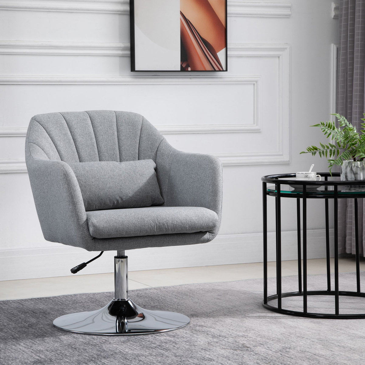 HOMCOM Fauteuil lounge design grand confort coussins lombaires hauteur réglable pivotant 360° piètement métal chromé lin gris