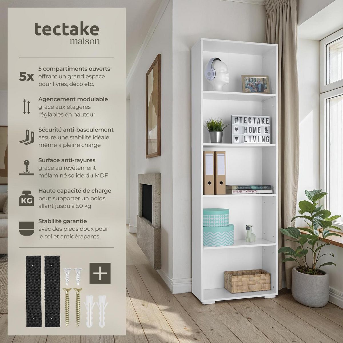 tectake Bibliothèque moderne et fonctionnelle en MDF solide blanc