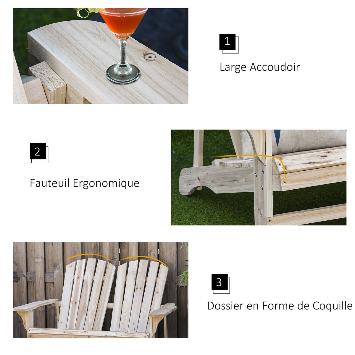 OUTSUNNY Banc de jardin 2 places design Adirondack assise dossier à lattes larges accoudoirs bois naturel pin lasuré
