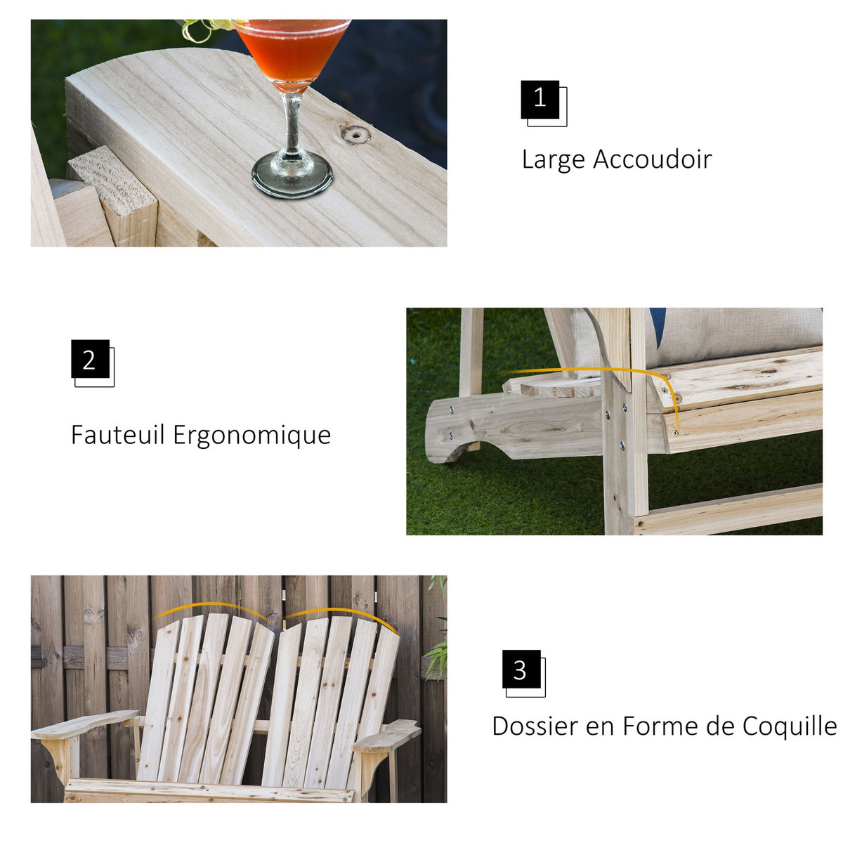 OUTSUNNY Banc de jardin 2 places design Adirondack assise dossier à lattes larges accoudoirs bois naturel pin lasuré