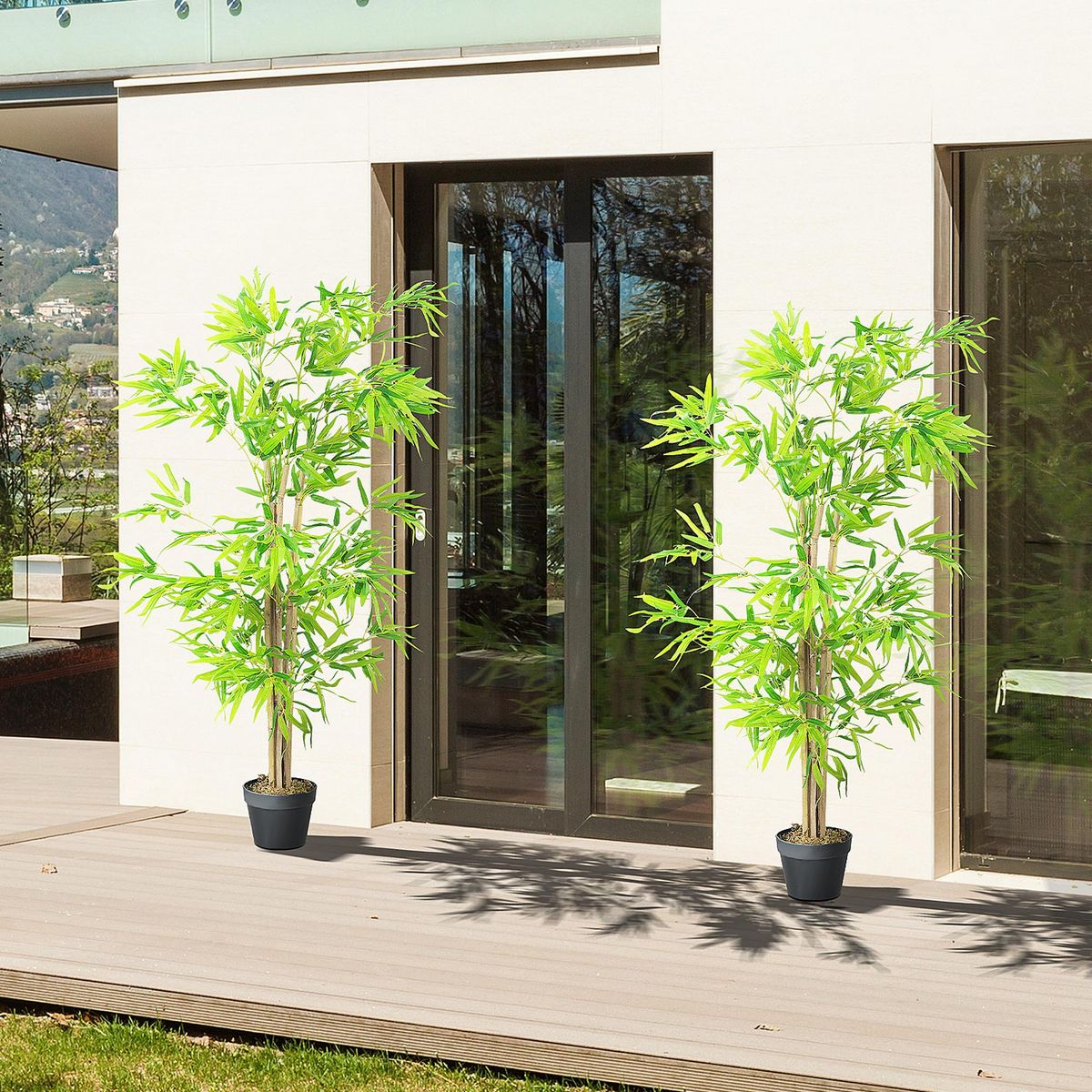 OUTSUNNY Outsunny Lot de 2 Bambous artificiels hauteur 1,5 m 644 feuilles denses réalistes pot inclus noir avec lichen vert