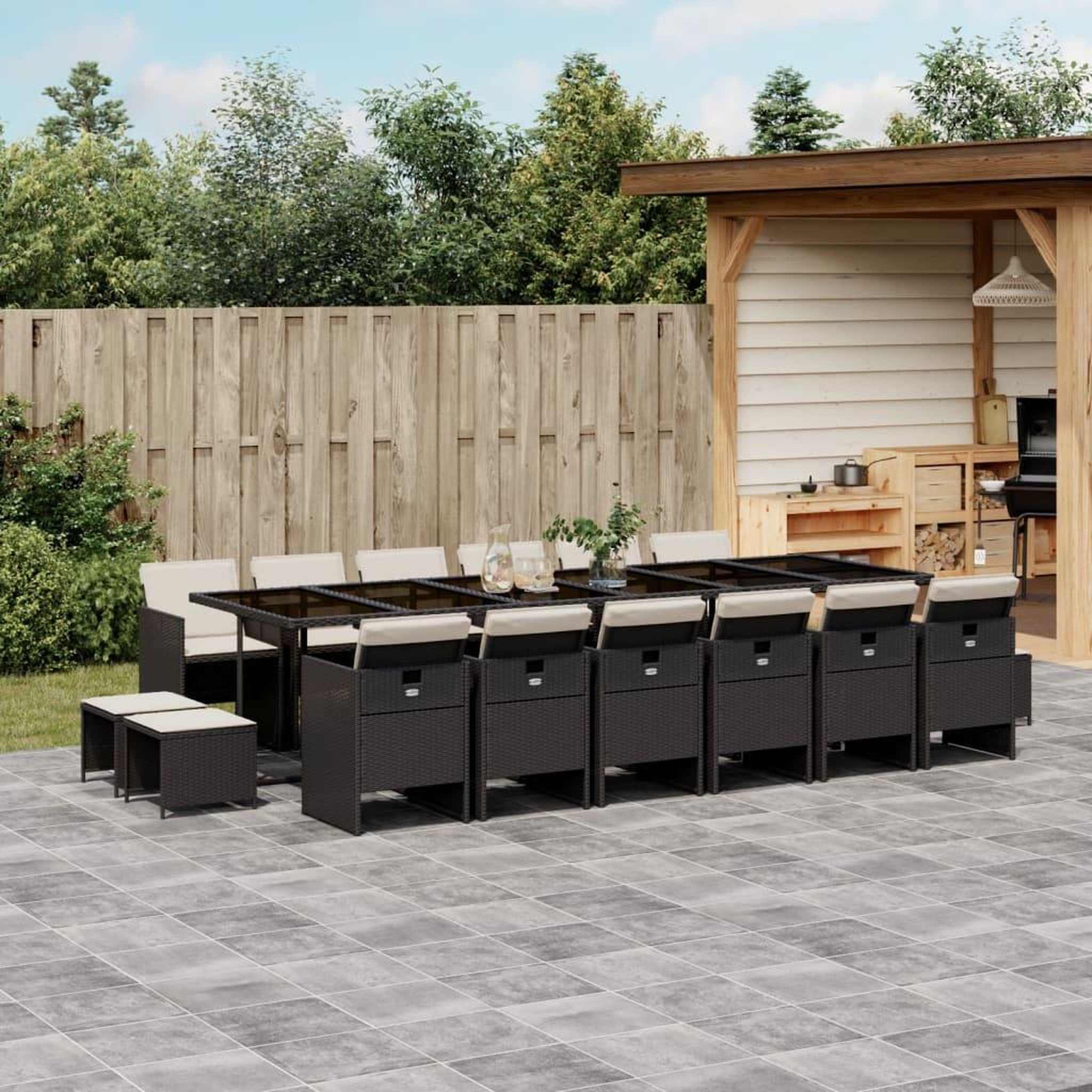 VIDAXL Ensemble a manger de jardin 17 pcs coussins noir resine tressee