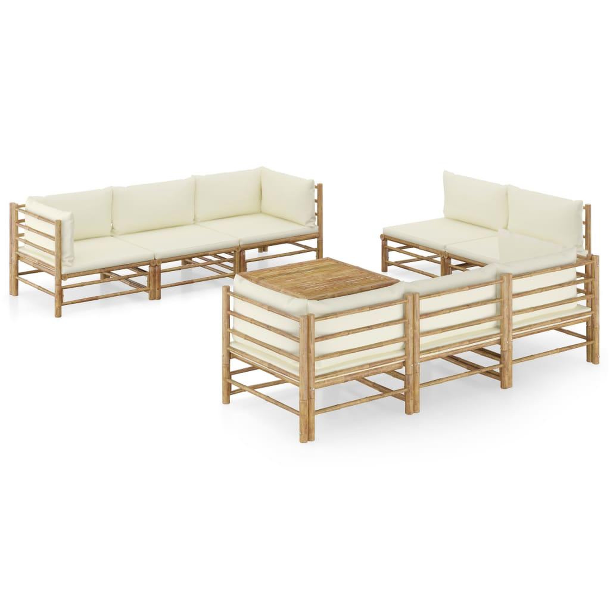 VIDAXL Salon de jardin 9 pcs avec coussins blanc creme bambou