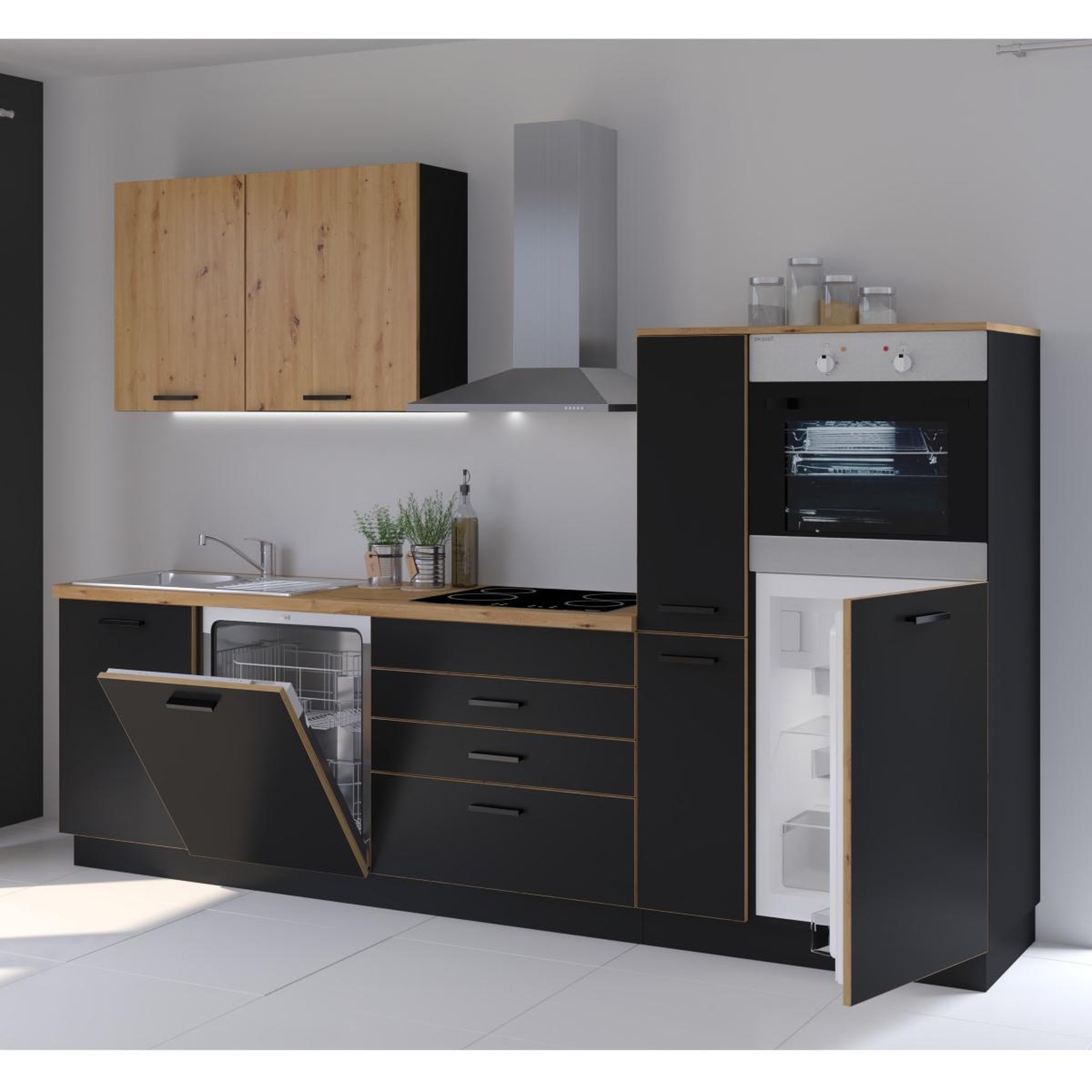 Voir la diapositive 3 : JLC KREATION Cuisine complète noir et bois 280cm LOFT