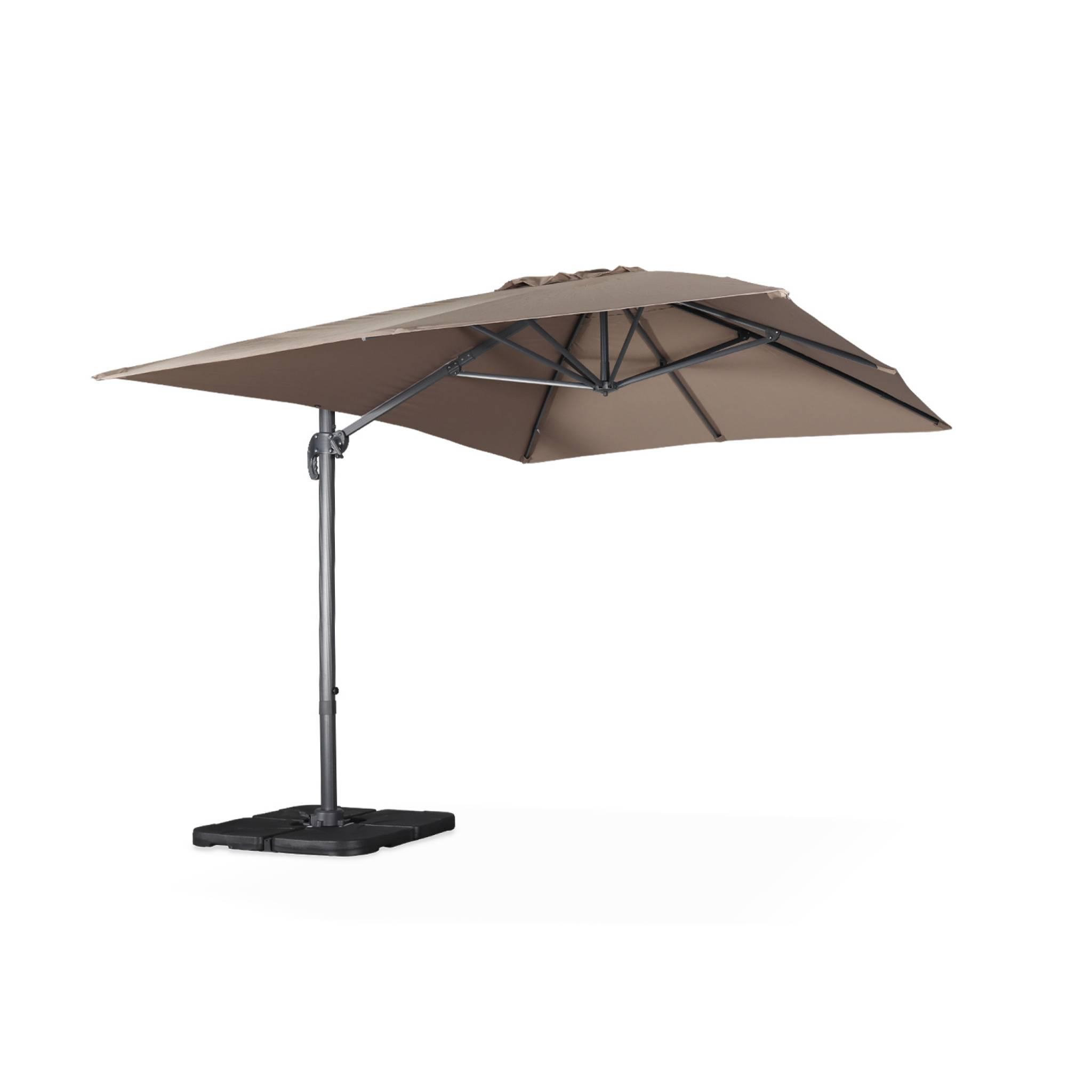 Voir la diapositive 1 : SWEEEK Parasol déporté rectangulaire 3x4 m - Wimereux - Parasol excentré inclinable dans 6 positions, rotatif à 360° + dalles à lester 50x50cm