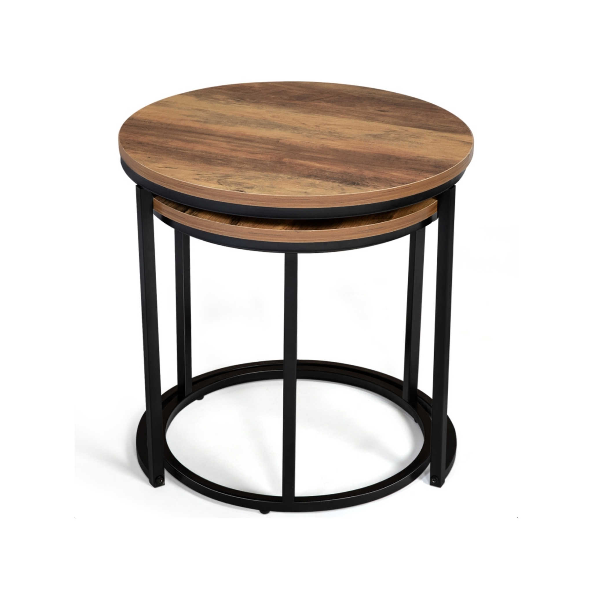 Voir la diapositive 3 : ID MARKET Lot de 2 tables basses gigognes hawkins rondes 40/45 bois foncé design industriel