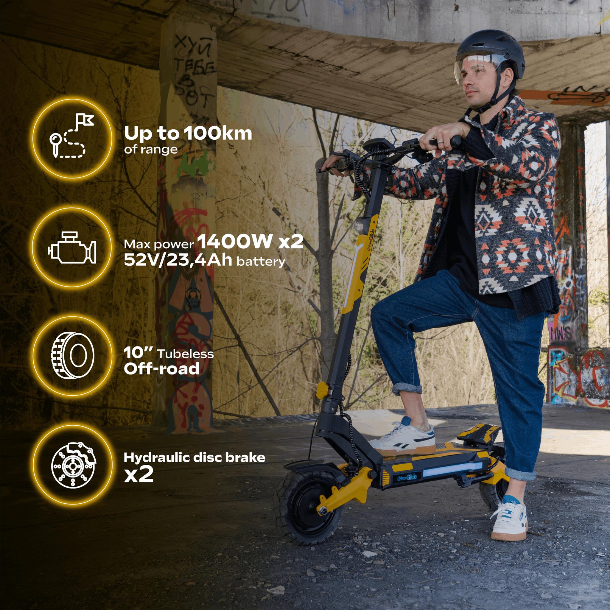 Voir la diapositive 3 : URBANGLIDE Trottinette Électrique Adulte UrbanGlide 1000GT 2X2 - Autonomie Jusqu'a 100 km - Pneu Cross 10  Tubeless - Batterie 58V - Poids 33Kg