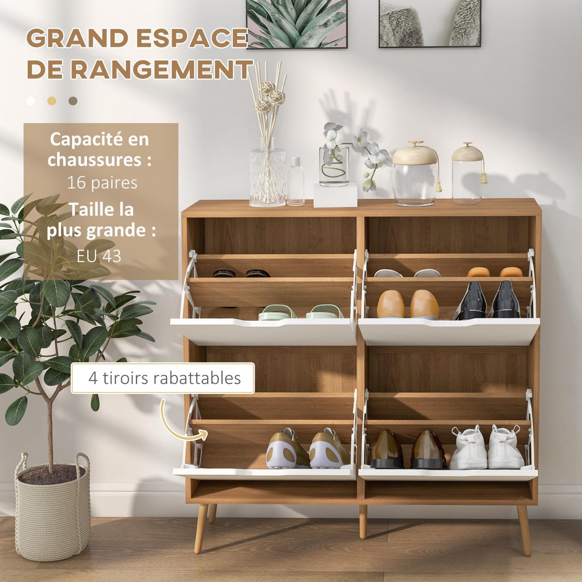 HOMCOM Meuble à chaussures design scandinave 4 portes abattantes 4 étagères réglables bois pin panneaux bois clair blanc