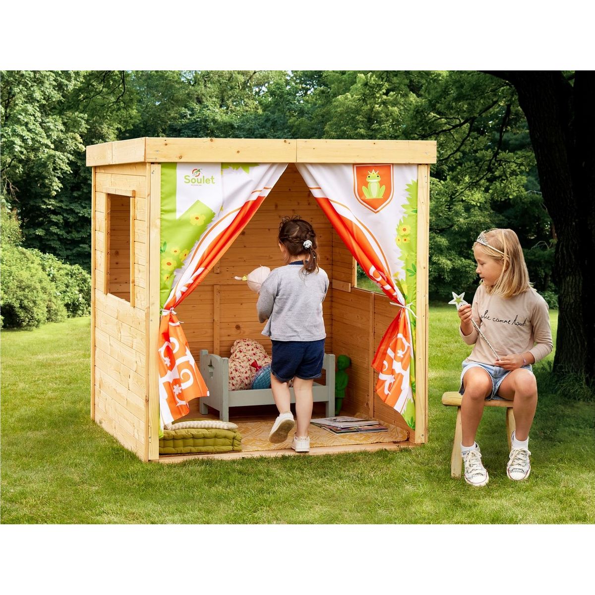 Soulet Cabane de jardin enfant - Bois avec rideaux en tissu - H1,32 m - PRINCESSE