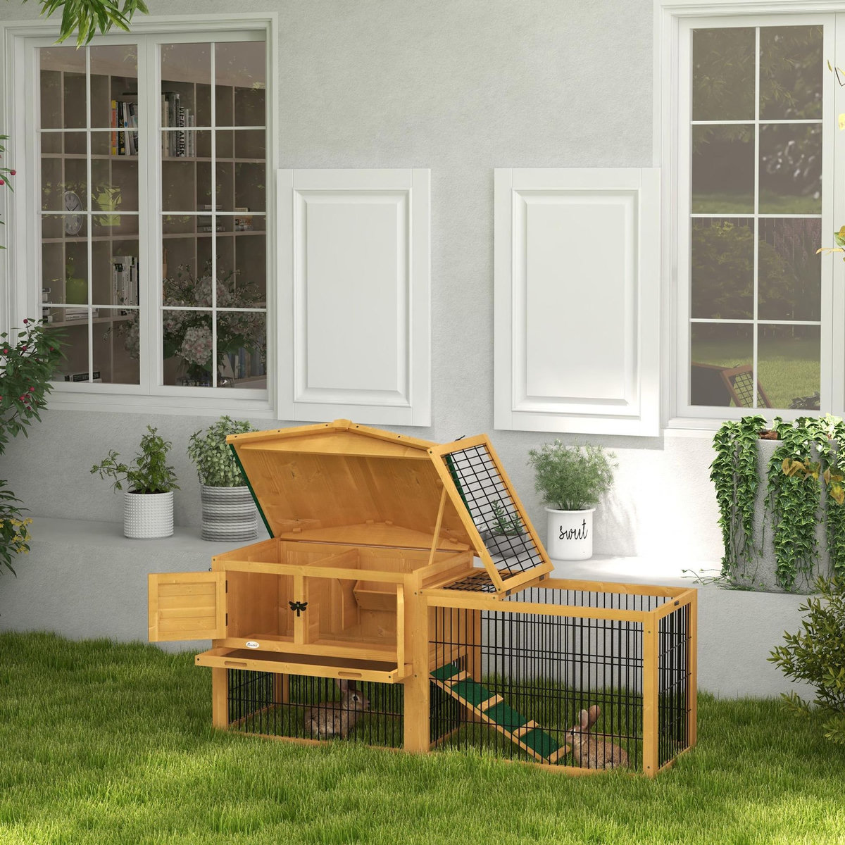 PAWHUT Clapier cage à lapins cottage - niche haute, rampe, enclos extérieur - plateau excrément, toit ouvrant, 2 portes verrouillables - bois naturel