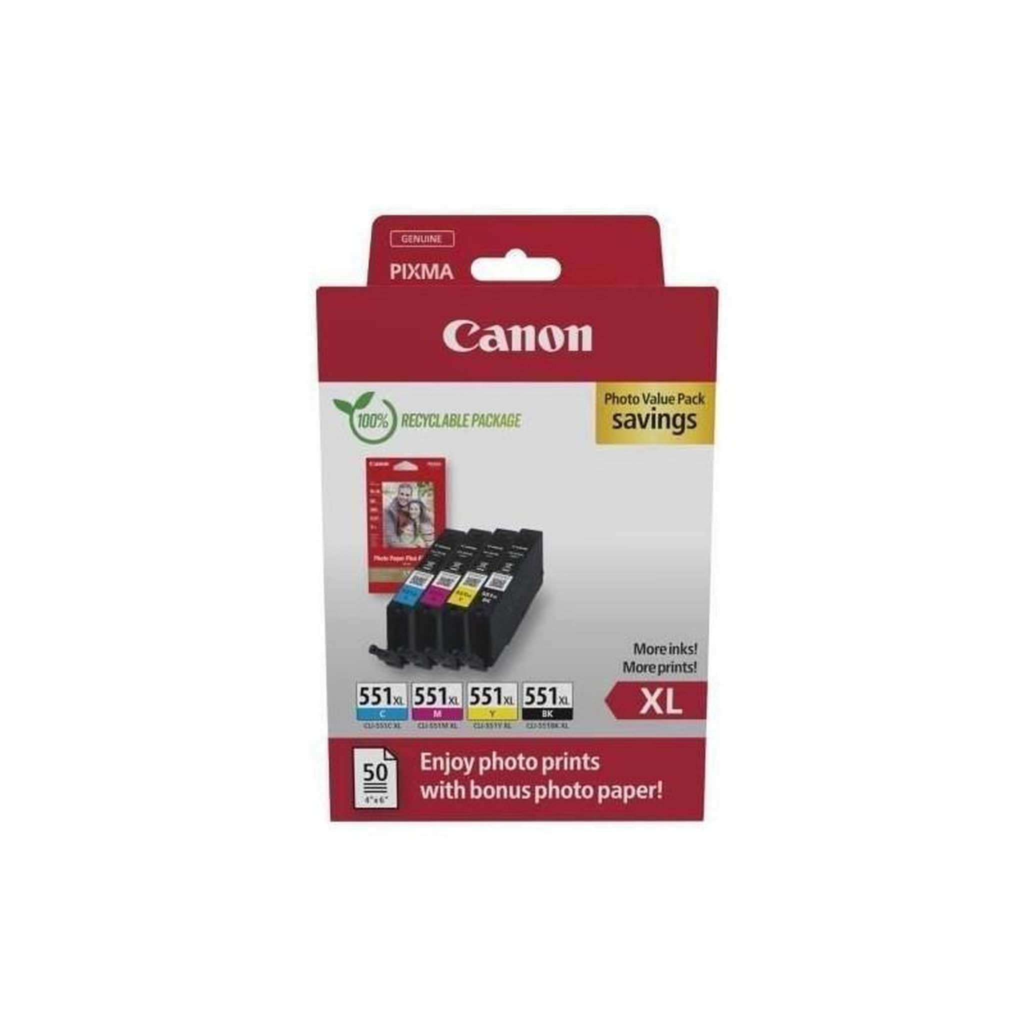 Canon Multipack cartouches d'encre + pack papiers photo - CANON - CLI-551XL Noir/Cyan/Magenta/Jaune - Haut rendement